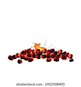 Pile of smoldering coals. Heap of burning charcoal for grill or barbecue. Burnt fire. Vector illustration isolated on white background