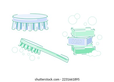 Pile of Soap Bar and Brush as Cleanup Tool and Product for Hand Washing and Hygiene Vector Set