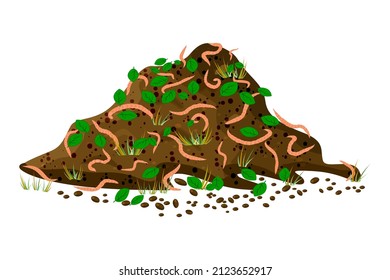 Pile soil with earthworms isolated on white background. Worms and leaves in heap dirt or compost. Earthworms on stack of ground and organic fertilizer.Farming and gardening concept.Vector illustration