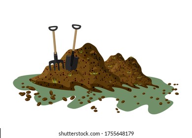 Pile of soil isolated on white background. Hayfork and shovel in a pile of ground. Heap of substrate, humus, fertilizer, compost. Hill of earth or dirt. Bunch of manure. Zero waste. Stock vector