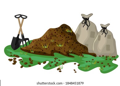 Pile of soil isolated on white background. Hayfork and shovel in a pile of ground. Heap of substrate,humus,fertilizer,compost and bag for soil. Hill of earth or dirt.Bunch of manure.Zero waste. Vector