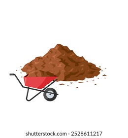 Pilha de terra e uma carriola com terra. Salto de chão marrom em estilo cartoon. Ilustração vetorial isolada em um fundo branco. Clipart para projetos de construção, agricultura, jardinagem.