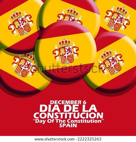 Pile of Spanish flag pins with bold text on red background to commemorate Dia de la Constitucion or Day Of The Constitution on December 6 in Spain