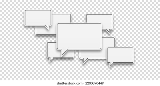 Pile Sprach-Blasen-Symbole. Vektorgrafik von weißen Sprachblasen mit Schlaganfall auf transparentem Hintergrund. Kommunikation zwischen Menschen. Kommunikationskonzept. Denken Sie darüber nach.