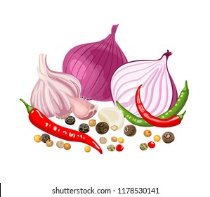 Pile of spicy spices. Red onion, garlic, chili pepper, dry peppercorns, grain mustard, аllspice isolated on white background. Vector illustration of meal in a flat style. Banner, icon, poster.