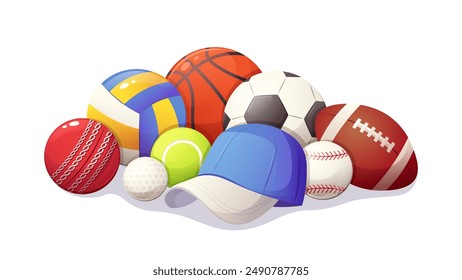 Pile of sports balls. Soccer, basketball, volleyball, tennis ball. Cartoon vector balls on white background