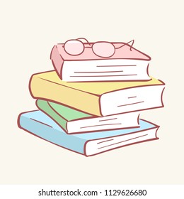 Pile stack books glasses hand drawn style vector doodle design illustrations