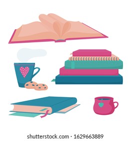 Pile, stack of books and notebooks, closed hardcover book with tassel and markers, cup and mug of hot tea or coffee and cookies, reading club or book blog logo templates, isolated vector illustration