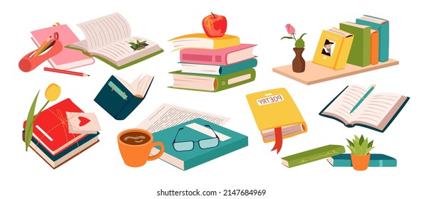 Pile and stack of books set from bookshelf of library, bookshop vector illustration. Cartoon open and closed textbooks, notebooks, storybooks of different color isolated on white. Education concept