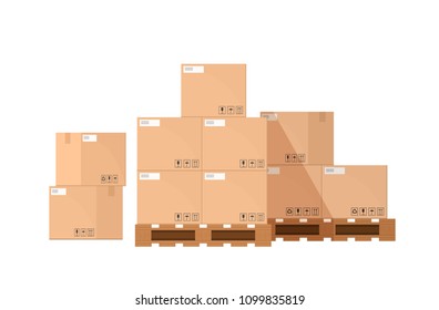 Pile or stack of cardboard or carton boxes on wooden pallet isolated on white background. Goods packaged for warehouse storage, cargo shipping or delivery. Flat cartoon colorful vector illustration