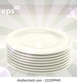 Pile Stack Of Clean White Ceramic Empty Copyspace Food Dishes, Eps10 Vector