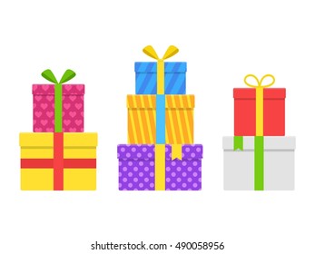 Pile stack colorful gift or present boxes with ribbon and bow vector set isolated on white background. Gift box for Christmas or birthday party in flat style. Heap wrapped gifts in colorful packaging