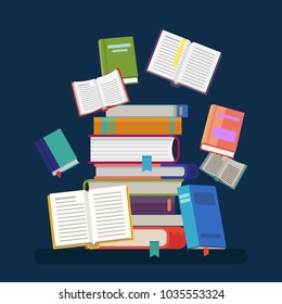 Pile Or Stack, Heap Or Tower Of Paper Books. Opened Textbooks And Closed Notebook With Tassel Or Bookmark, Stacked Hardcover Encyclopedia. Learning And Education, Publication And Graduation, Reading