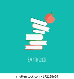 a pile or stack of many books flat design simple clean vector & text - back to school isolated & red apple cartoon. Too much textbooks For teachers and students or pupil