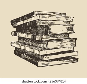 Pile (stack) of old books, vintage hand drawn vector illustration, sketch, engraved style.