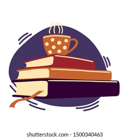 Pile, stack of three hardcover books with cup of hot tea, coffee on top, reading club, bookstore. book blog logo template. vector illustration on white background.
