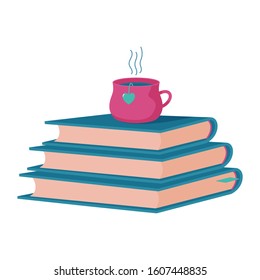Pile, stack of three thick hardcover books with cup of hot tea, coffee on top, reading club, bookstore, book blog logo template, cute flat style vector illustration on white background