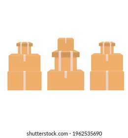 Pile of stacked cardboard boxes. Cardboard box mockup set. Vector isolated sealed boxes on white background. Flat style warehouse cardboard parcel boxes stack front view.