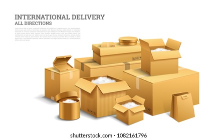 Pile of stacked cardboard boxes. Empty Carton, open and sealed package with on transparent white background. Organized by layers. Container for shipping, transportation and mail
