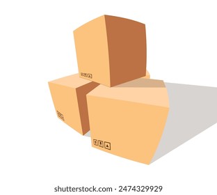 Pila de productos apilados en cajas de cartón. Embalaje De Entrega De Cartón Con Señales Frágiles. Cajas De Movimiento Ilustración vectorial 3D Aislada Sobre Fondo Blanco.
