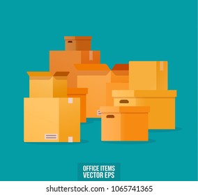 Pile of stacked sealed goods cardboard boxes. Cardboard boxes of different shapes for moving. ?ector illustration in flat style