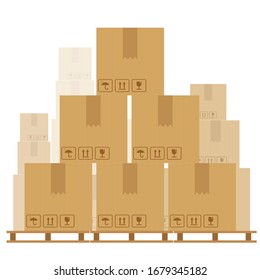Pile of stacked sealed goods cardboard boxes. Flat style vector illustration isolated on white background.
