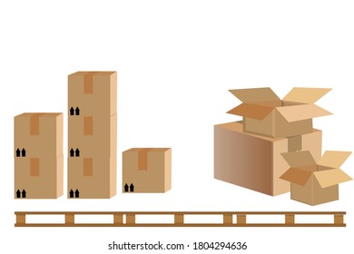 Pile of stacked sealed goods cardboard boxes. Flat style vector illustration isolated on white background.