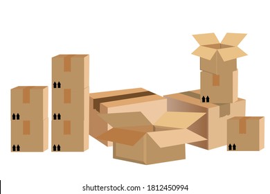 Pile of stacked sealed goods cardboard boxes. Flat style vector illustration isolated on white background.
