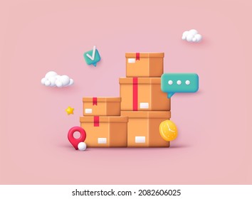 Pile of stacked sealed goods cardboard boxes. Carton delivery packaging with fragile signs. 3D Vector Illustrations.