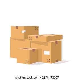 Pile of stacked sealed goods cardboard boxes isolated on white background