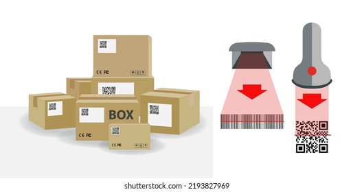 Pile of stacked sealed goods cardboard boxes.  Carton delivery packaging box. Set of cardboard box mockups. Barcode and QR code scanner scanning code for delivery. Vector.