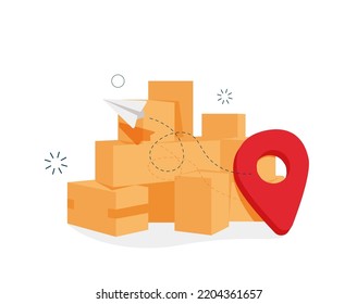 Pile of stacked sealed goods cardboard boxes. Carton delivery packaging with fragile signs. Vector Illustrations.