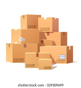 Pile of stacked sealed goods cardboard boxes. Flat style vector illustration isolated on white background. - Shutterstock ID 329309699