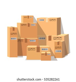 Pile of stacked sealed goods cardboard boxes. Flat vector illustration.