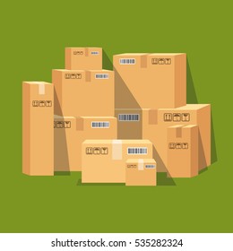 Pile of stacked sealed goods cardboard boxes. Flat vector illustration.