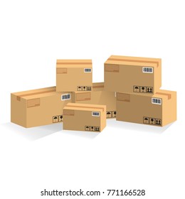 Pile of stacked sealed goods cardboard boxes. Flat style vector illustration isolated on white background.