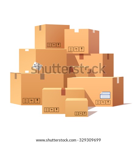 Pile of stacked sealed goods cardboard boxes. Flat style vector illustration isolated on white background.