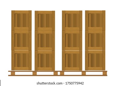 Pile of stacked sealed goods wooden boxes. Delivery, cargo, logistic and transportation warehouse storage concept. Vector illustration isolated on white background.