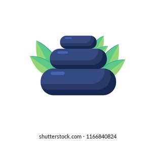 Pile of stones and aromatic herbs vector illustration isolated on white. Hot heated rocks for massage spa procedures, and green flavouring condiments