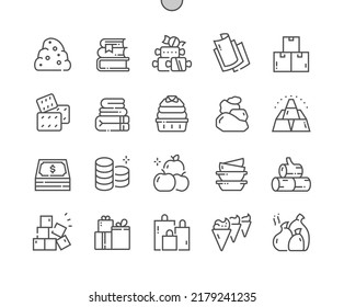 Pile. Steine, Bonbons, Papiere, Kartons, Münzen, Handtücher und andere. Viele Artikel. Pixel Perfect Vector Thin Line Icons. Einfaches Minimal-Piktogramm