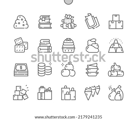 Pile. Stones, candies, papers, boxes, coins, towels and other. Many items. Pixel Perfect Vector Thin Line Icons. Simple Minimal Pictogram