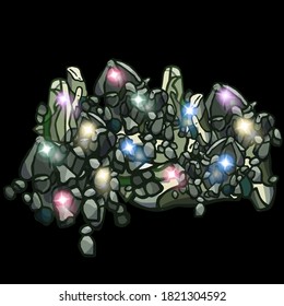 A pile of stones with glowing colorful balls, cartoon style, stone, block, mountains, rocks, fireflies, glowing, scaur, magic, mysticism, nature, black background, fantasy, darkness, fireball, crag