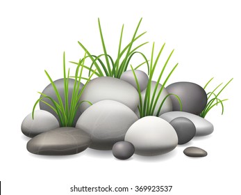 A pile of stones and green grass growing through the pebbles. Vector illustration