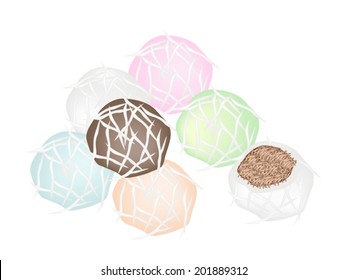 Pile of Stuffed Coconut Balls Made From Glutinous Flour and Coconut Dumpling with Caramelized Coconut Filling. 