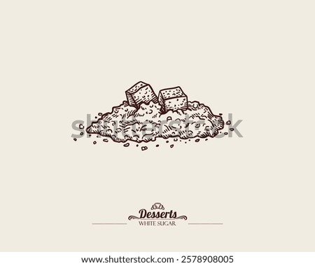 A pile of sugar with cubes of refined sugar on top. Graphic drawing, engraving, etching technique. Line art, sketch style. Vector hand drawn illustration