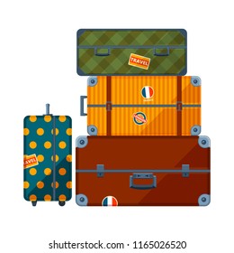 Pile of suitcases. Big set of various travel cases. Retro luggage and bag for journey, baggage to travel, vector illustration