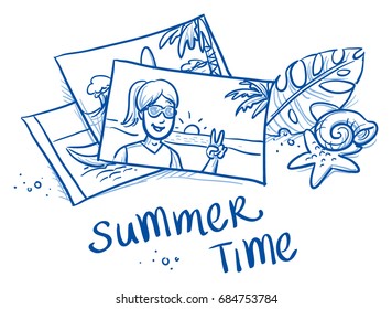 Pile of summer holiday photographs of a happy young woman decorated with tropical leaf, seashells and typography. Hand drawn line art doodle vector illustration.