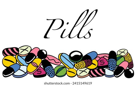 pile of tablet capsule pill in flat style vector. template for print, wallpaper, wrapping, background and banner. illustration on a medical theme