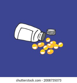 pile of tablets with open bottle illustration on blue background. hand drawn vector. health care icon. medicine bottle, pill medicine. doodle art for logo, poster, banner. vitamin, suplement icon. 