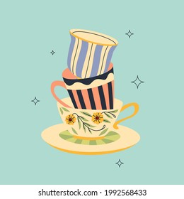 Pile of teacups modern vintage design. Porcelain mugs stuck one in another. Flat and line vector design.